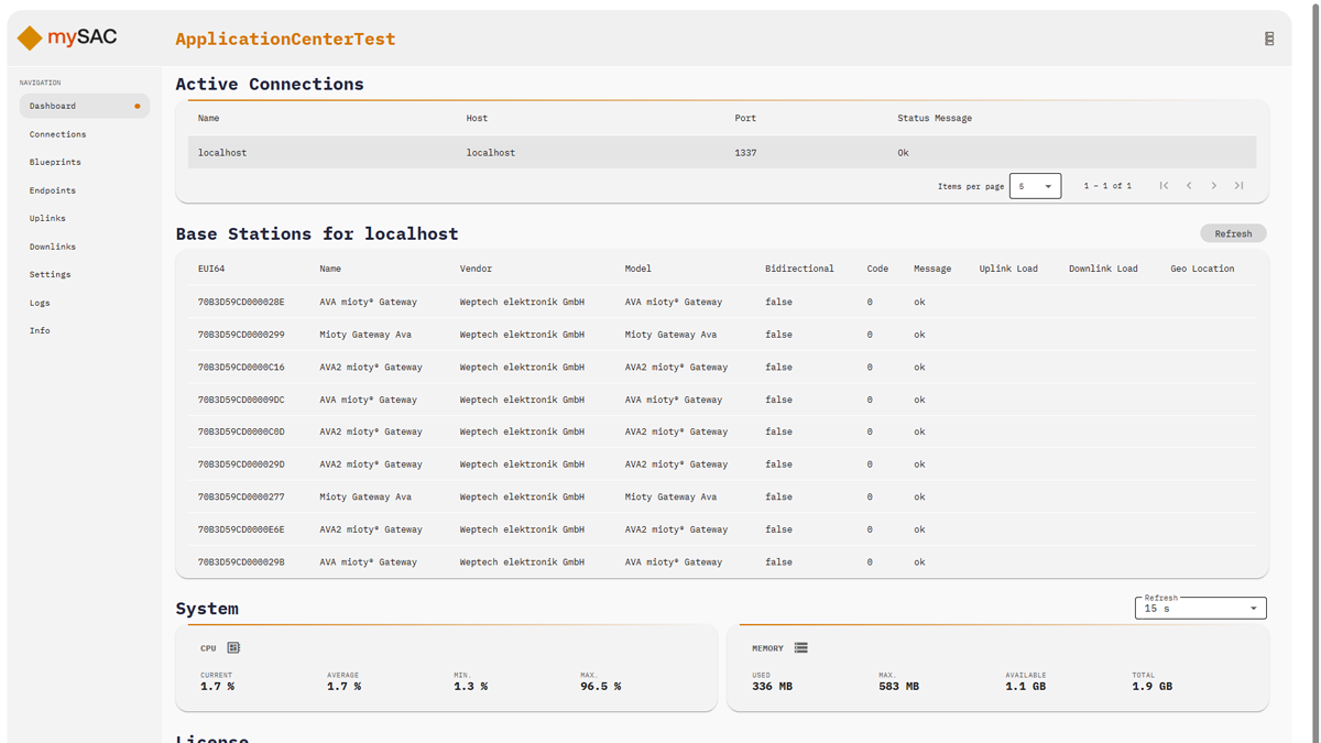 mySAC Application Center WebUI Dashboard