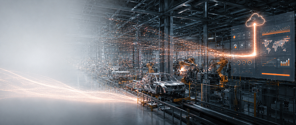 Automobilfertigung mit Robotern, Datenstrom fließt in ein Cloud-Dashboard