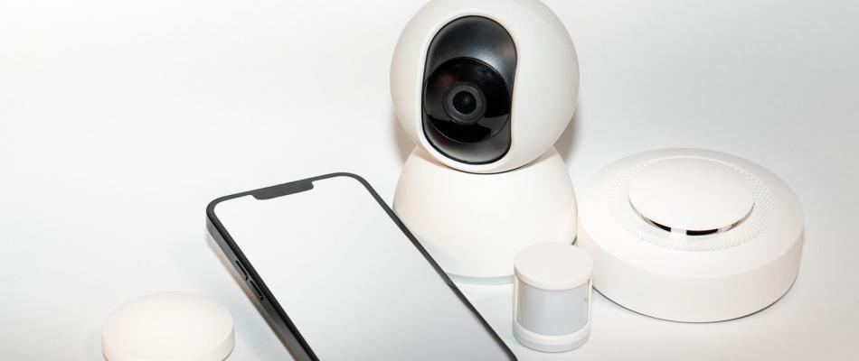 Komponenten einer Smarthome-Alarmanlage mit Kamera, Bewegungsmelder und Smartphone