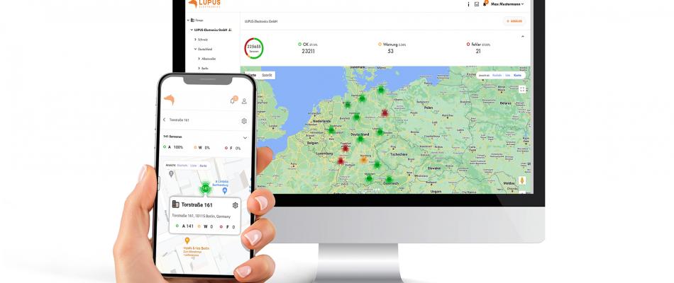LUPUS Cloud Dashboard mit Standortkarte auf Monitor und Smartphone